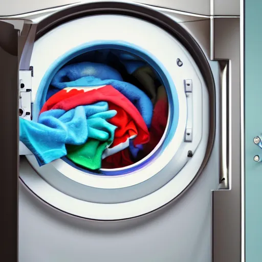 Prompt: photograph of the circular door of a washing machine washing colorful clothes and a very small astronaut. 8k resolution. hyperrealistic.