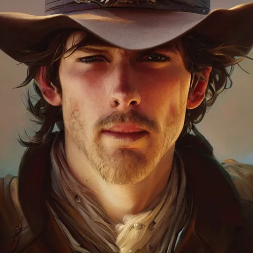 Image similar to cowboy, portrait, D&D, fantasy, highly detailed, digital painting, artstation, concept art, sharp focus, illustration, art by artgerm and greg rutkowski and alphonse mucha