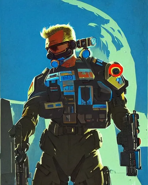 Image similar to soldier 7 6 from overwatch, character portrait, portrait, close up, concept art, intricate details, highly detailed, vintage sci - fi poster, retro future, in the style of chris foss, rodger dean, moebius, michael whelan, and gustave dore