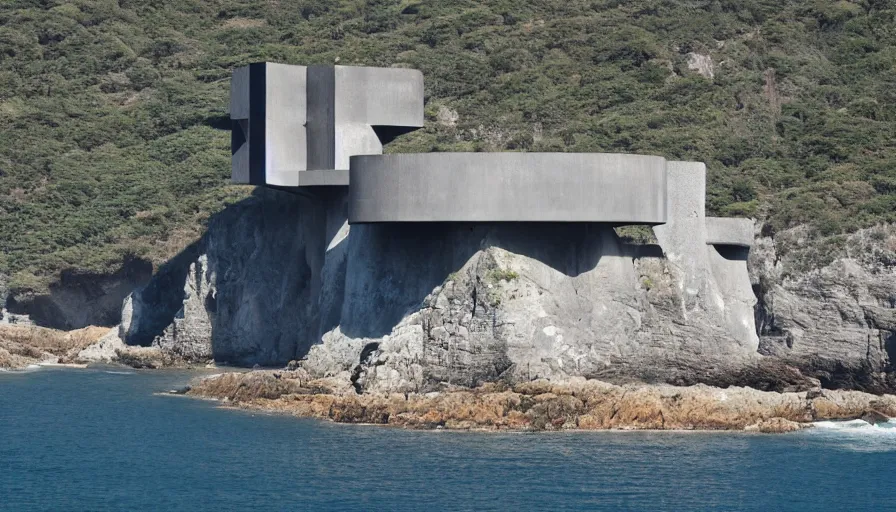 Image similar to bond villain base perched on a cliff overlooking a magnificient bay, brutalism architecture on cliffs, drawing architecture, pritzker architecture prize, greig fraser