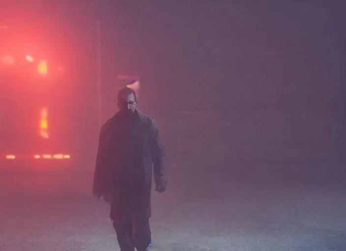 Image similar to a full shot, color cinema film still of johnathan banks in blade runner 2 0 4 9, cinematic lighting at night.