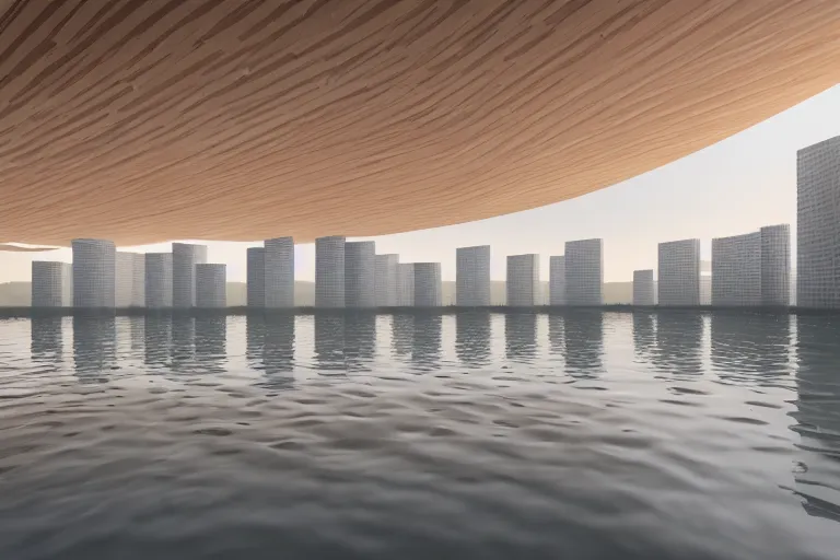 Image similar to 2 0 white round soft egg shaped buildings intersect up and down to form a post - modern building, by pierre bernard, on the calm lake, people's perspective, future, interior wood, dusk, unreal engine highly rendered, global illumination, radial light, internal environment