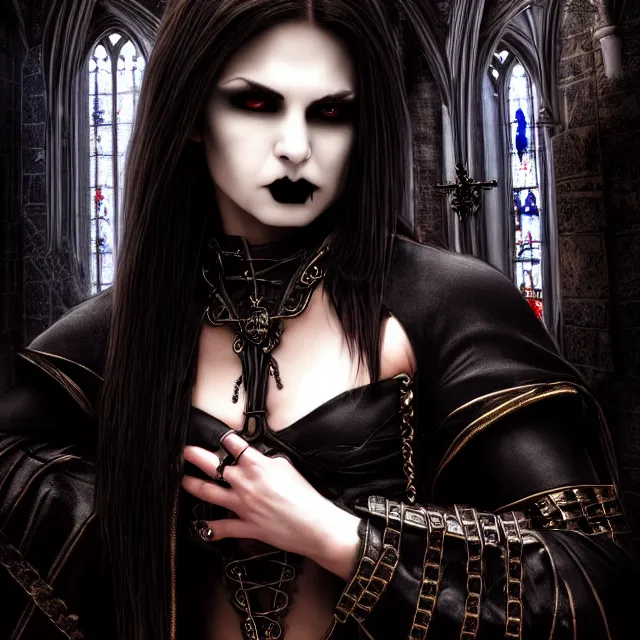 Image similar to vampire warrior, in a gothic church, highly detailed, 4 k, hdr, close up, portrait, smooth, sharp focus, high resolution, award - winning photo, illustrated by anne stokes, photorealistic