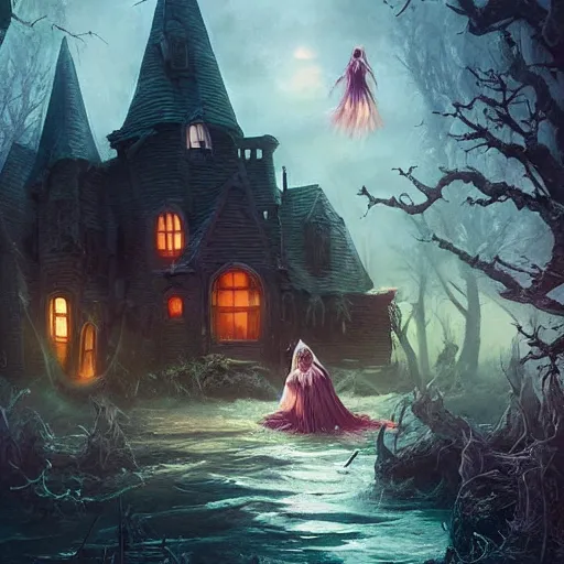 Image similar to realistic scary witches in front of a candy witch house, floating on the ocean, epic scene, fantasy, cinematic, hyper - detailed, in the style of greg rutkowski