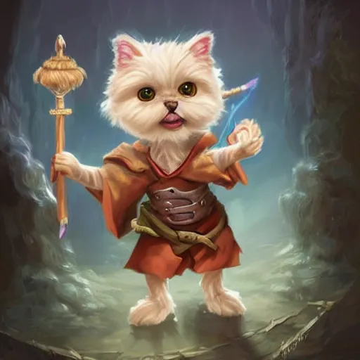 Image similar to cute little anthropomorphic Maltese Terrier and tabby cat, wielding a magic staff, tiny, small, short, Wizard robe, cute and adorable, pretty, beautiful, DnD character art portrait, matte fantasy painting, DeviantArt Artstation, by Jason Felix by Steve Argyle by Tyler Jacobson by Peter Mohrbacher, cinema