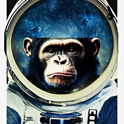 Prompt: double exposure portrait of astronaut and a chimpanzee astronaut with space and time in the the background by davinci, circles, psychedelic, pencil art, high definition, dynamic lighting stars, sharpness, golden ratio