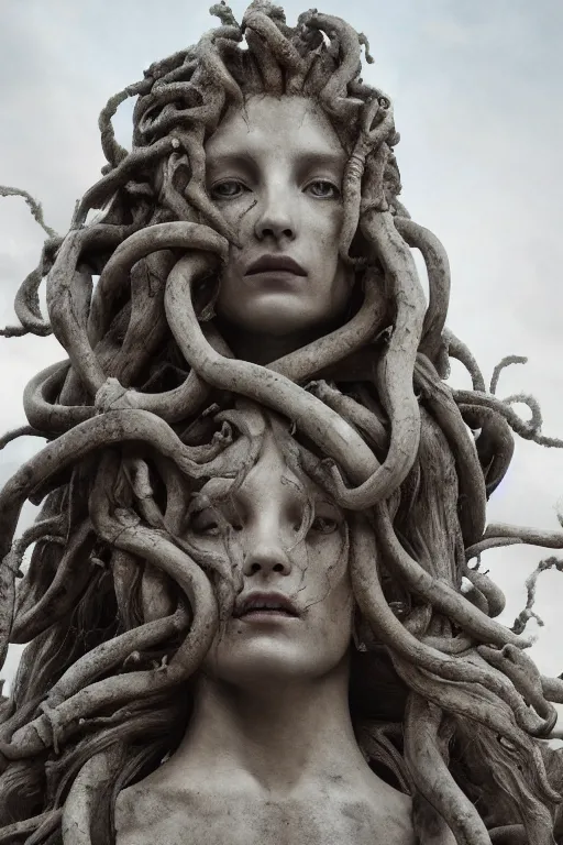 Prompt: A portrait of medusa as a stone statue by Greg Rutkowski, Sung Choi, Mitchell Mohrhauser, Maciej Kuciara, Johnson Ting, Maxim Verehin, Peter Konig, Bloodborne , 8k photorealistic, cinematic lighting, HD, high details, dramatic, atmospheric , trending on artstation