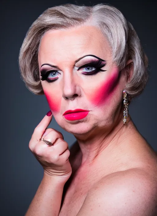 Image similar to studio portrait of lindsey graham in full drag dressed in drag dressed as a woman makeup, 8 k, studio lighting, key light, back light, sequents,