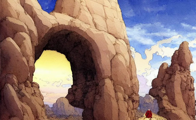 Image similar to a hyperrealist watercolour concept art of a large rock arch dimensional portal in the sky. a medieval monk in grey robes is kneeling in prayer below it on a desert road. by rebecca guay, michael kaluta, charles vess and jean moebius giraud. high detail, hq, wide shot