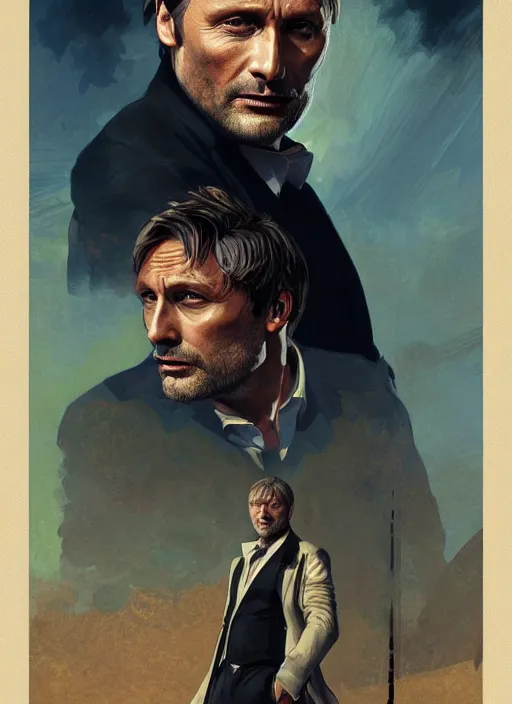 Image similar to portrait of mads mikkelsen as james bond, key art, palm trees, vintage aston martin, highly detailed, digital painting, artstation, concept art, cinematic lighting, sharp focus, illustration, by gaston bussiere alphonse mucha