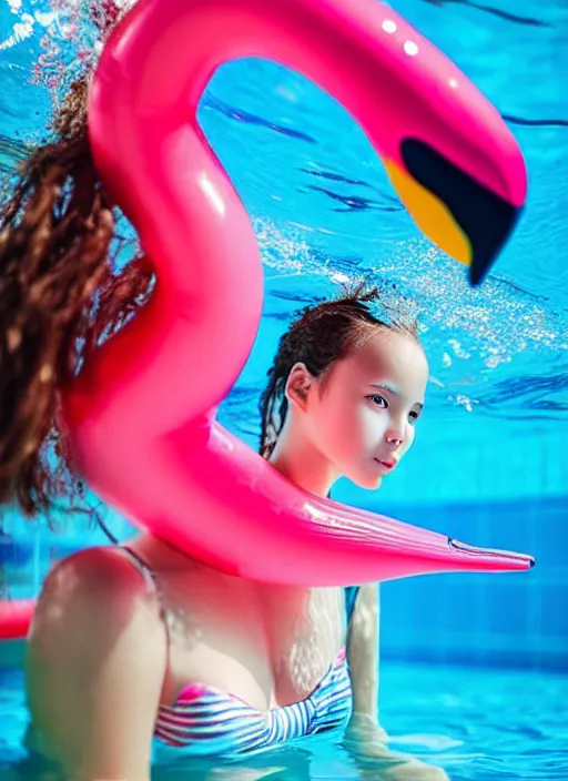 Prompt: photo of a young girl in a swimming pool with an inflatable flamingo, style of stefan kostic, realisti, 8 k high definition, insanely detailed, intricate, elegant, art by stanley lau and artgerm