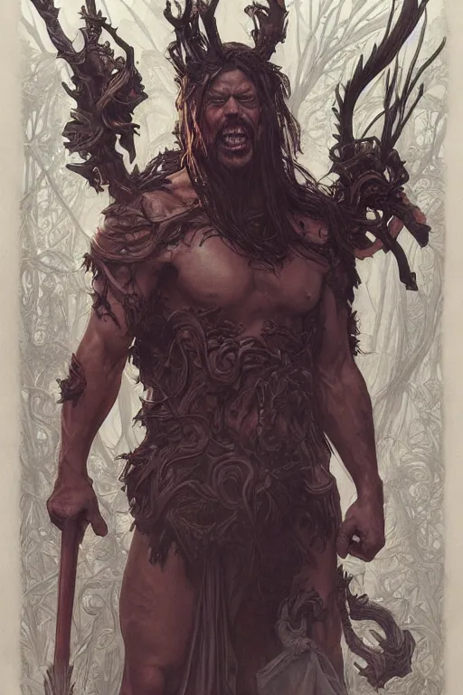 Prompt: portrait of the nostalgia critic as a herculian demon man, forest, full body, powerful, fantasy, intricate, elegant, highly detailed, digital painting, artstation, concept art, sharp focus, illustration, art by artgerm and greg rutkowski and alphonse mucha