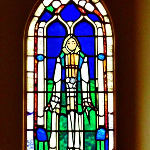 Prompt: church window stained glass art of a robot rising to heaven