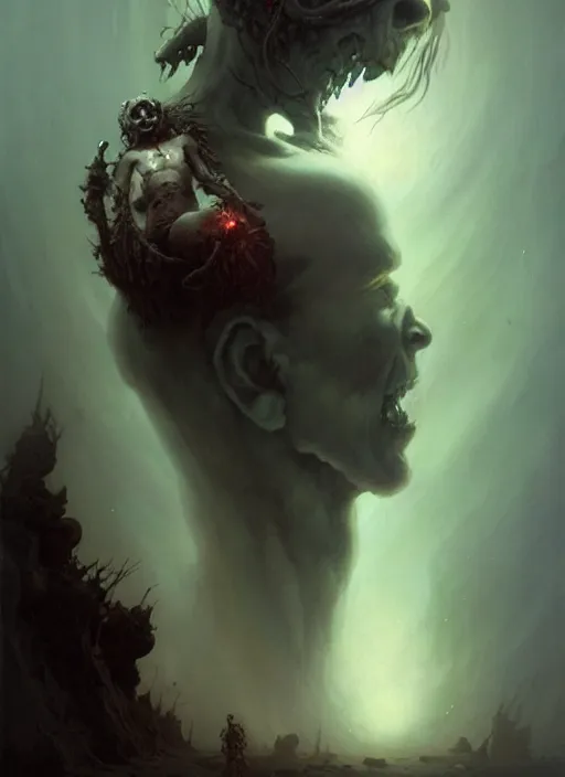 Image similar to shackled in the void of hell, frank frank frazetta and cgsociety, stunning god of sasquatch, charlie bowater and tom bagshaw, insanely detailed, deviantart, space art, atoms surrounded by skulls, death, and spirits deep under the haze smoke, horror, sci - fi, surrealist painting, by peter mohrbacher