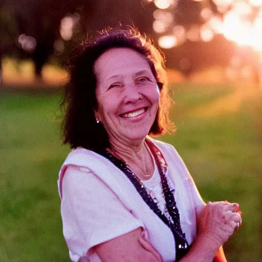 Image similar to a lovely 35mm portrait photo of the woman who raised me, golden hour, smile