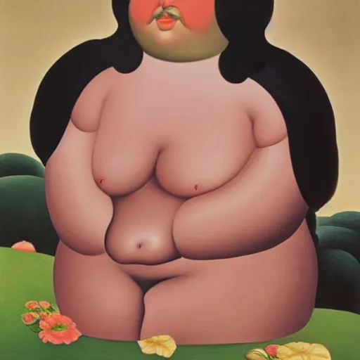 Prompt: a fernando botero painting during the time he was desperately seeking female affection