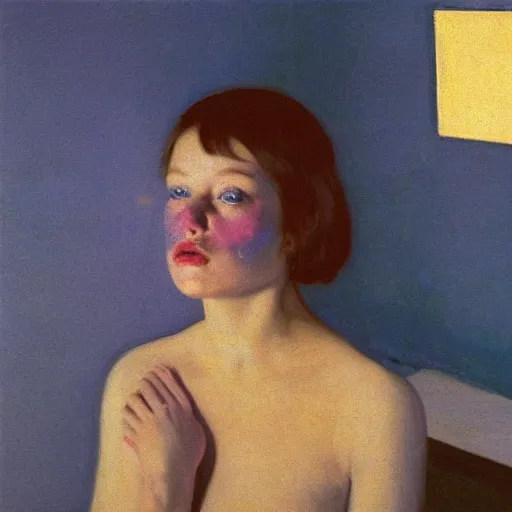 Image similar to close up of a girl in a blue and gold haunted liminal abandoned room, film still by edward hopper, by gottfried helnwein, by klimt, art noveau, highly detailed, strong lights, liminal, eerie, bright pastel colors,