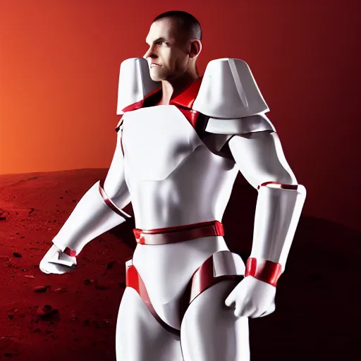 Image similar to headshot of a tall athletic muscular infantry man in glossy sleek white armor with tiny red details and a long red cape, heroic posture, strong jawline, on the surface of mars, night time, dramatic lighting, cinematic, sci-fi, hyperrealistic