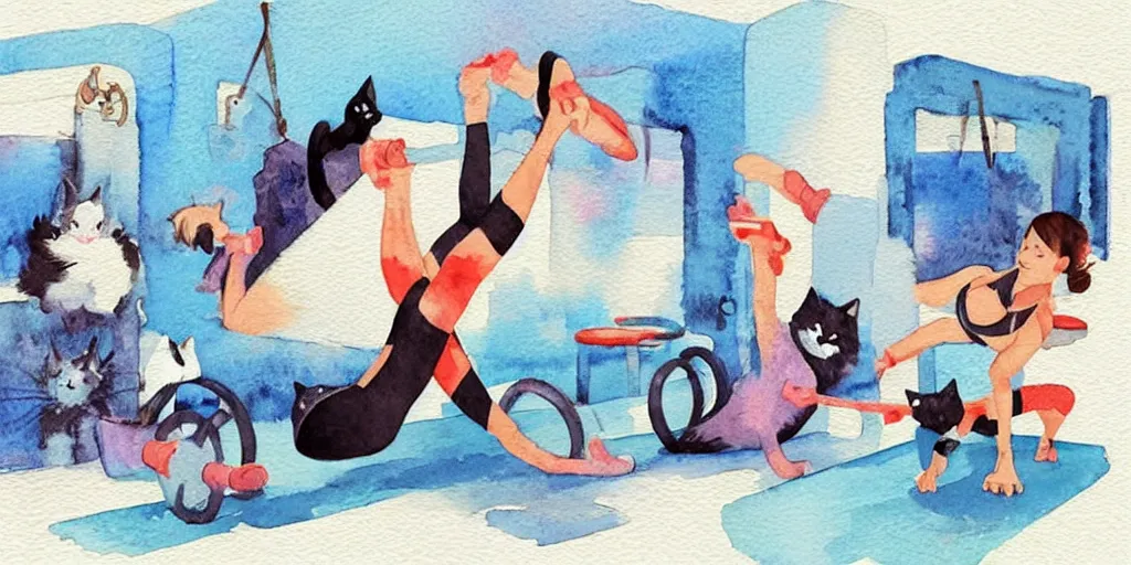 Image similar to watercolor illustration style, cute! cats! training in the fitness studio