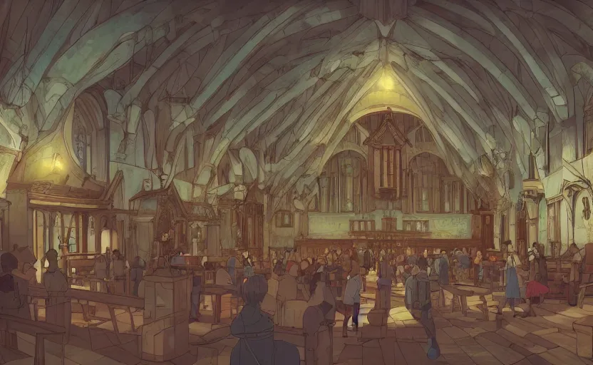 Image similar to a renaissance church hall, crystal lights, mysterious atmosphere, cel - shading, cinematic, artstation, studio ghibli, miyazaki, highly details