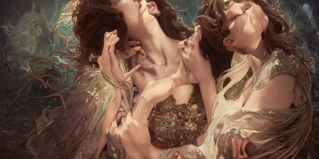 Image similar to broken heart in silence, masterpiece, cinematic, powerful, moon beams dramatic light, highly, intricate elements, hollow souls, detailed, digital painting, artstation, concept art, sharp focus, contrasty, illustration, art by artgerm and greg rutkowski and alphonse mucha, mitch foust, elaborate composition, intricate story