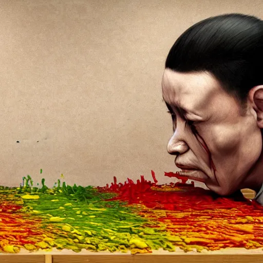 Prompt: chinese prisoner eating melting crayons, wearing victorian regalia, elite, disfigured, drooling, moist, unnatural movement, they are happy, bizzaro, baroque, renaissance, by emedios varo and anato finnstark and fenghua zhong, hyperrealism, 8 k, 3 d, hyperrealism, masterpiece,, texture, captivating, awe inspiring