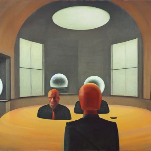 Image similar to three brutalist judges with glowing eyes, inside a dome, pj crook, grant wood, edward hopper, syd mead, chiaroscuro, oil on canvas