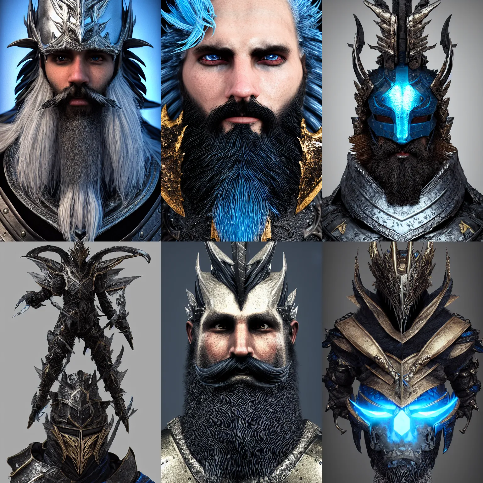 Prompt: Dragon Knight, black and blue messy beard, ornamental armor, asymmetry, angel-inspired, by Frank Franzzeta, trending on Artstation, artstationHD, artstationHQ, extremely detailed, face, octane, cssociety, HD 8K