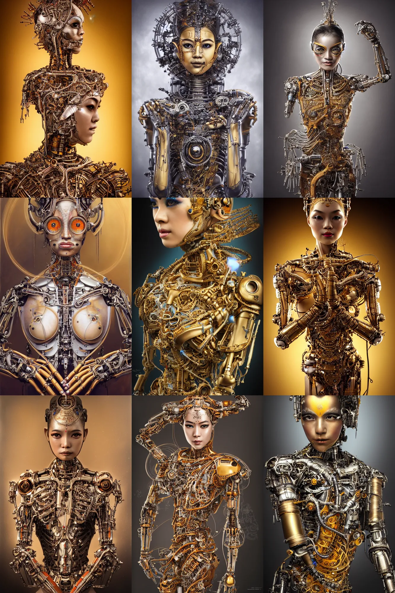 Prompt: a beautiful ultradetailed fine art photo of a cybernetic biomechanical cyborg classical thai dancer, by tom bagshaw and anna dittman, portrait, 2 4 mm lens, golden ratio composition, detailed face, techno eye, studio photography, very detailed, bionic cybernetic implants, industrial robots, artstation, 8 k, highly coherent