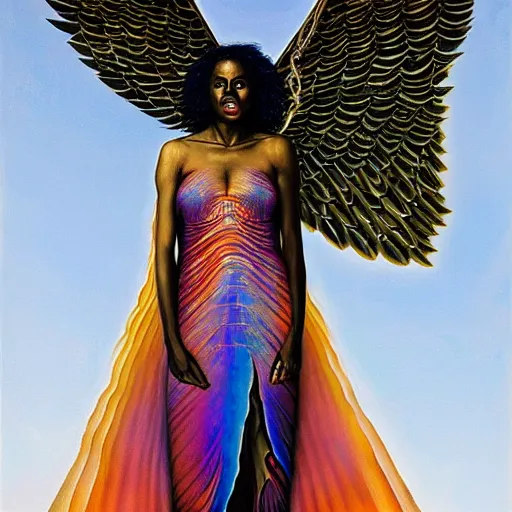 Prompt: isis depicted as a black woman with large iridescent wings in front of a crystal pyramid by Aliza Razell, chris leib, and thomas blackshear, oil on canvaa