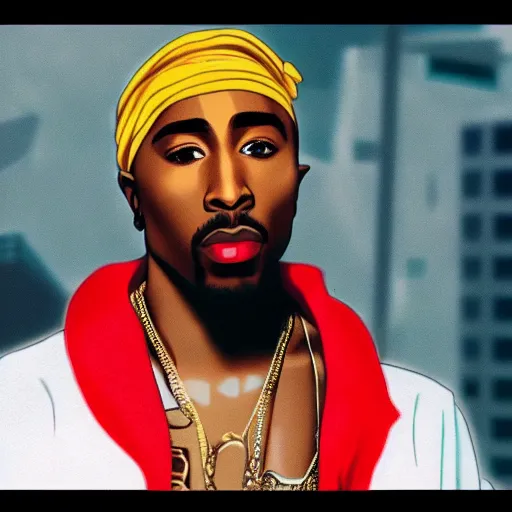 Image similar to Tupac Shakur, screenshot from a 2012s anime