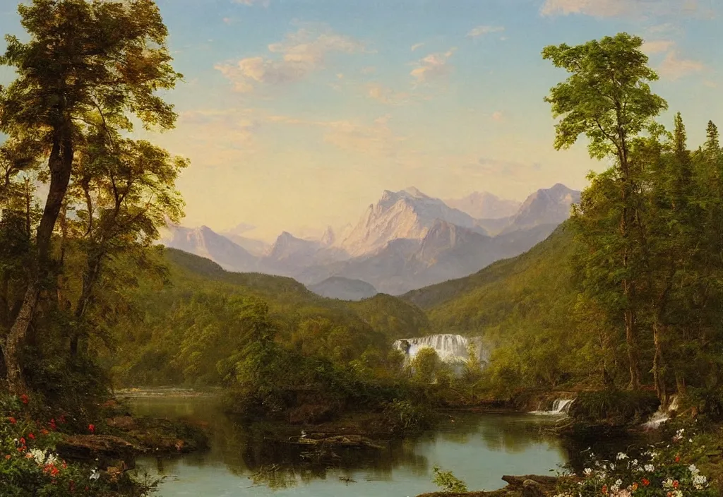 Prompt: a northen american landscape painting of a lake surrounded by trees and some mountains in the distance and a waterfall right beside the lake, perfect spring day with beautiful white clouds, colorful wildflowers, painting by frederic edwin church, early morning light