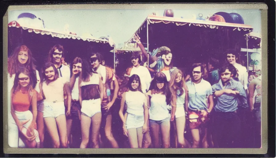 Prompt: fire damaged polaroid photograph of 70s teenagers at a carnival.