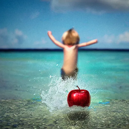 Image similar to apple swimming on beach, 8K