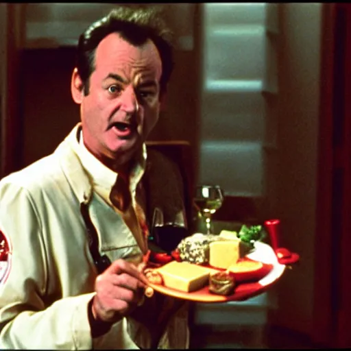 Prompt: film still of bill murray as Peter venkman, setting out a cheese and wine platter