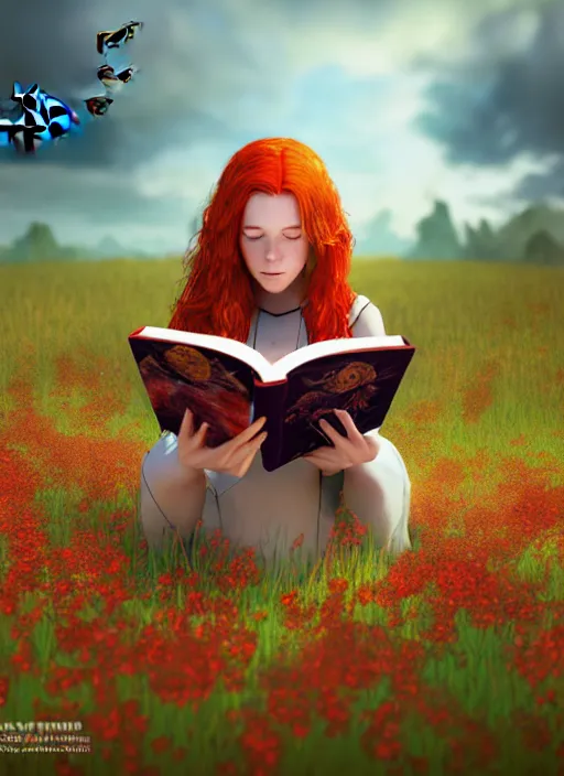 Image similar to An epic fantasy comic book style portrait painting of a young red headed girl reading a book in a field of flowers surrounded by bees, unreal 5, DAZ, hyperrealistic, octane render, cosplay, RPG portrait, dynamic lighting