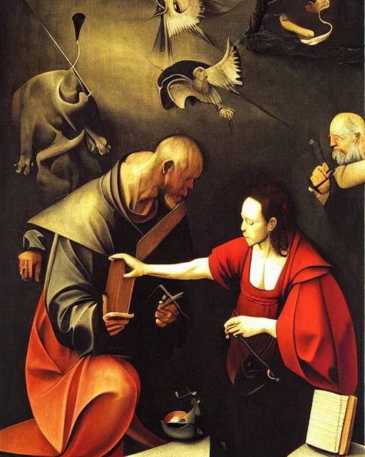 Image similar to The Calling of St. Matthew by Caravaggio painting by Hieronymus Bosch