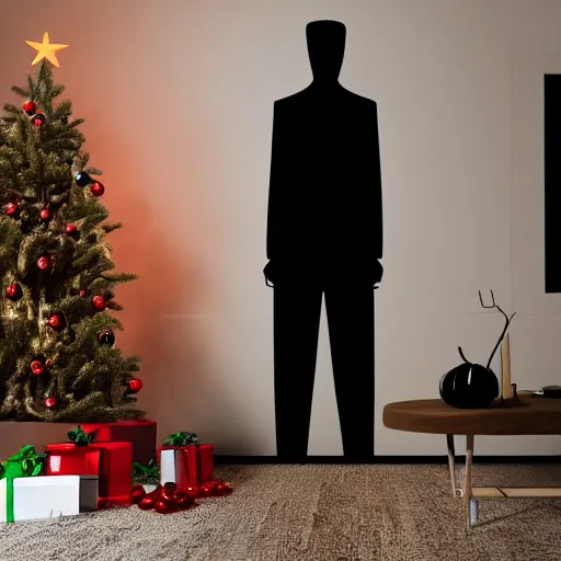 Prompt: slender man creeping at night, dark image, horror, Christmas tree with lights, fireplace in background, inside living room. Dark spect, 4k realistic