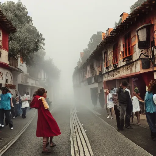 Image similar to a village full of happy people dancing in the streets but in the background is an eerie fog, eerie, foggy, solemn, hd, 4 k