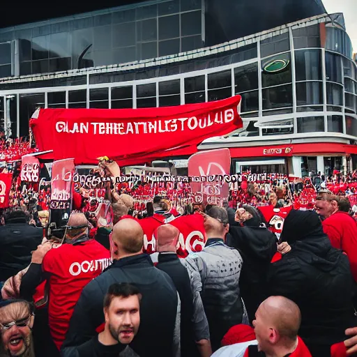 Prompt: protests at old trafford theatre of dreams against the glazers, # glazersout, stadium, chaos, protest, banners, placards, burning, owners of manchester united football club, pure evil, 8 k, wide angle lens, 1 6 - 3 5 mm, symmetry, cinematic lighting - w 1 0 2 4