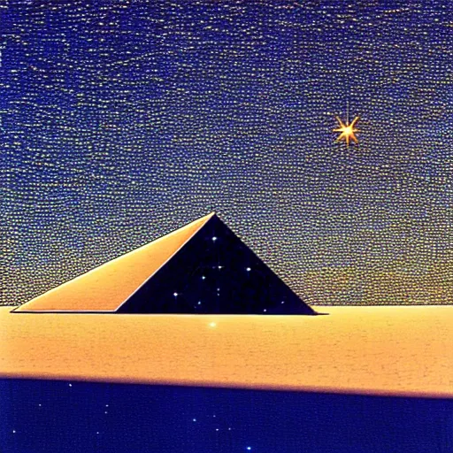 Image similar to big angular crystal in the desert, reflection from the crystal is sparkling due to sun, small starship near, futuristic, hi-tech details, style jean giraud