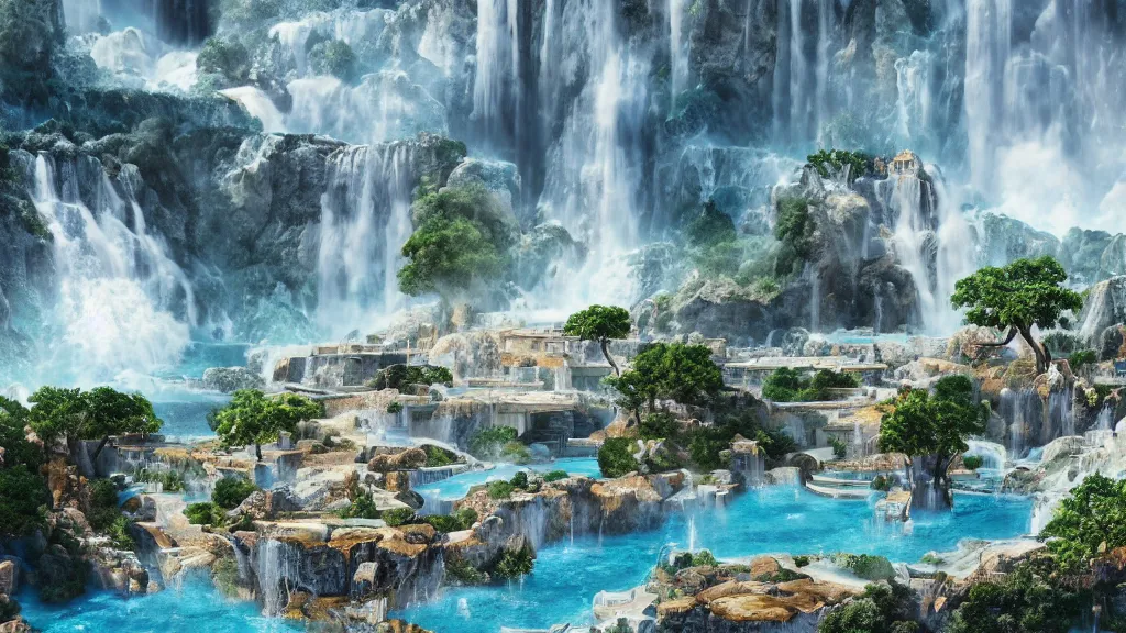 Prompt: ancient greek marble city in the clouds surrounded by a giant waterfalls, gold trimmings, clear blue water fountain, vines and blue foliage, matte painting, octane render, cinematic camera, bloom, blizzard cinematic,