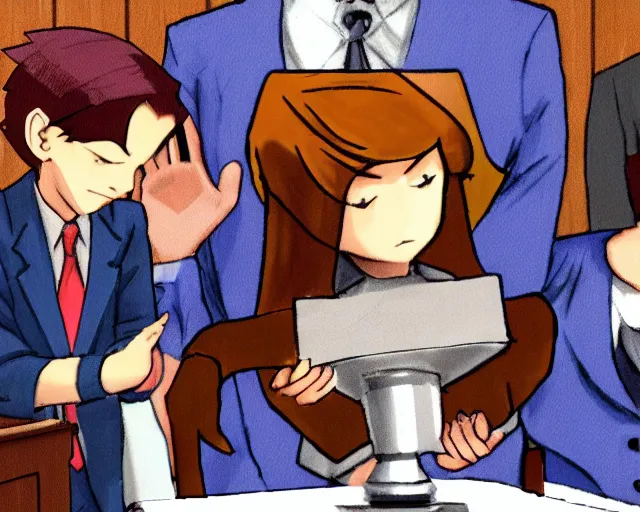Image similar to phoenix wright defends hat kid in court