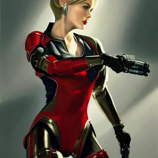 Image similar to A combination of Ada Wong's and Grace Kelly's and Ashley Greene's appearances with blonde hair wearing Anthem armor, high tech, action shot, angular, full body portrait, futuristic, dramatic, fantasy, intricate, elegant, highly detailed, artstation, matte, sharp focus, 8K, art by Donato Giancola and James Gurney