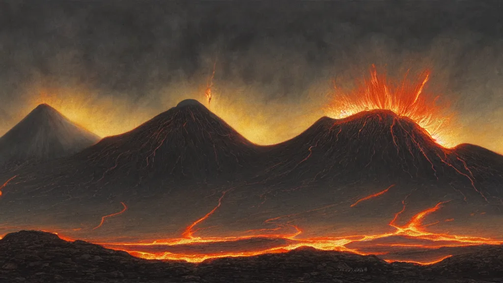 Image similar to volcanic plains of mordor, flaming eye of sauron in the dark clouds above, by alan lee, intricate, lord of the rings calendar, smooth, detailed terrain, oil painting, trending artstation, concept art, matte painting