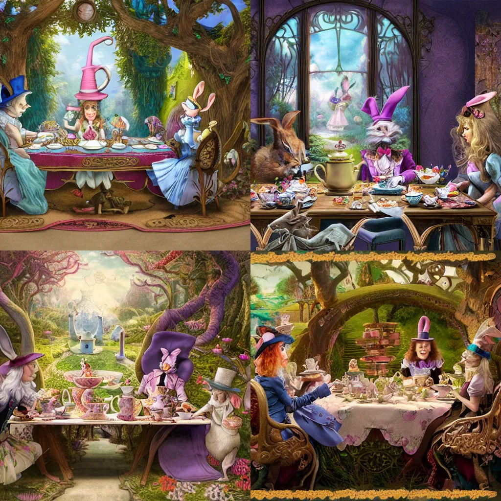 Prompt: fantasy matte painting of Alice in wonderland tea party with the rabbit and the mad hatter sitting at the table,intricate and complexe,highly detail,4 , arstation, art nouveau