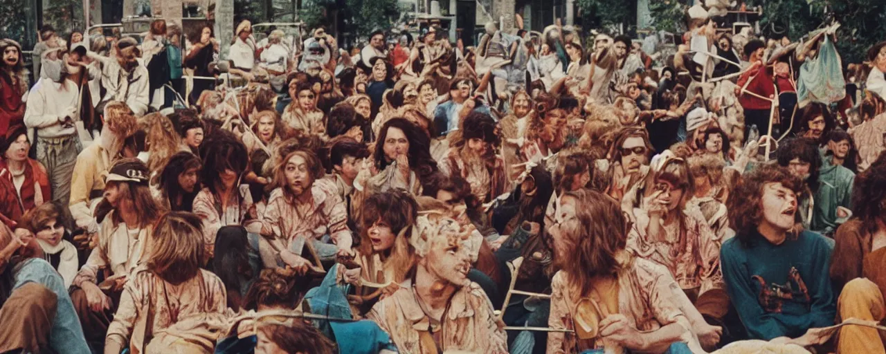 Image similar to hippies protesting spaghetti, 1 9 6 0's, high detailed face, realistic faces, small details, intricate, canon 5 0 mm, wes anderson film, kodachrome