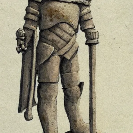 Image similar to Warforged royal guard made of stone, holding a guisarme, with a sun symbol on the center of his chest. Very strong, styled as a sketch with beige parchment and pencil, high detail, full body portrait