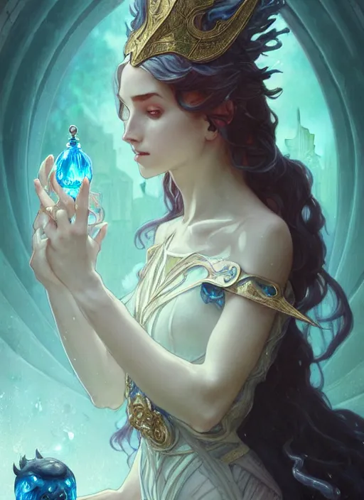 Image similar to summoner dressed in medieval gown with a cute water elemental, fantasy, intricate, elegant, highly detailed, digital painting, artstation, concept art, wallpaper, smooth, sharp focus, illustration, art by artgerm and greg rutkowski and alphonse mucha