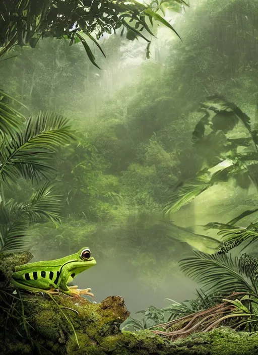 Image similar to a beautiful matte painting of a green frog in the jungle, kambo